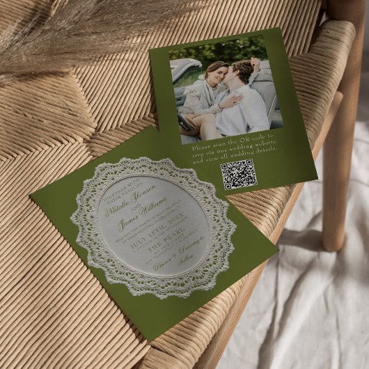 Invitation Mariage photo avec code QR en dentelle vert olive