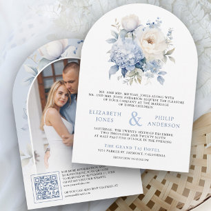 Invitation Mariage photo avec code QR floral bleu poussiéreux