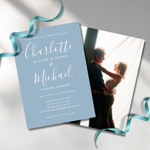 Invitation Mariage photo avec écriture signature bleu poussié
