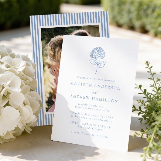 Invitation Mariage Photo avec Hydrangea Bleu Classique