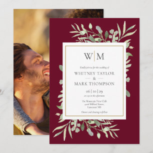 Invitation Mariage photo avec monogramme moderne et verdure b