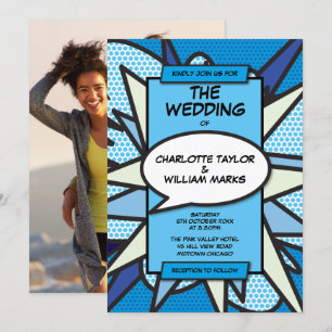 Invitation Mariage Photo Bande Dessinée Moderne Bleue Fun