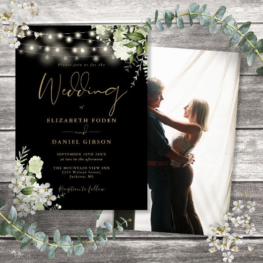 Invitation Mariage photo Black and Gold Floral