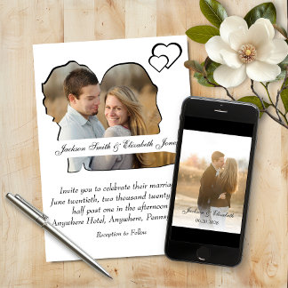Invitation Mariage photo Black and White Heart Bride & Groom