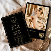 Invitation Mariage photo Black Gold QR Code Crest