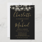 Invitation Mariage photo Black Gold String Lights Script (Devant)