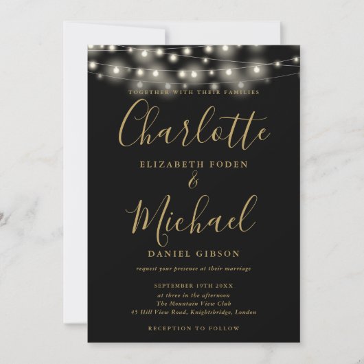 Invitation Mariage photo Black Gold String Lights Script (Devant)