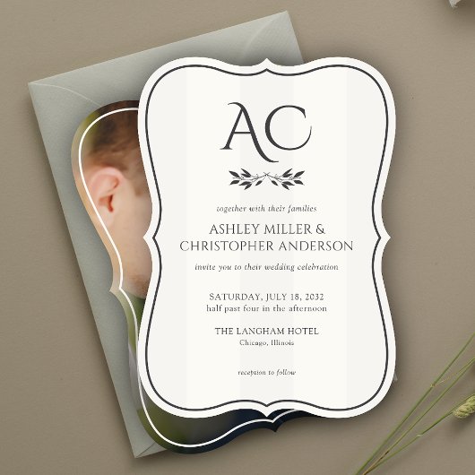 Invitation Mariage photo blanc doux à rayures monogrammes min