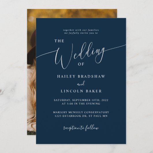 Invitation Mariage photo bleu moderne minimaliste (Devant / Derrière)