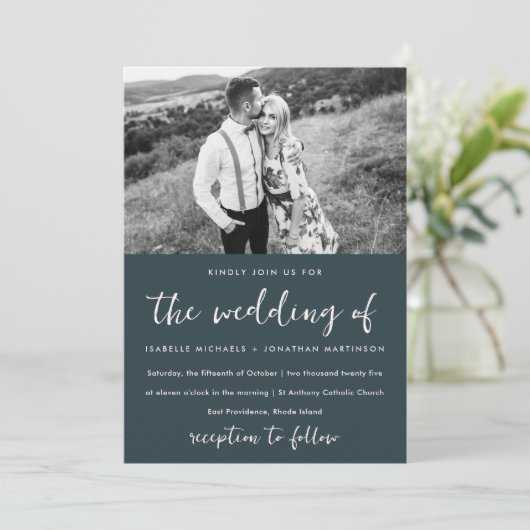 Invitation Mariage photo bleu simple et minimal (Debout devant)