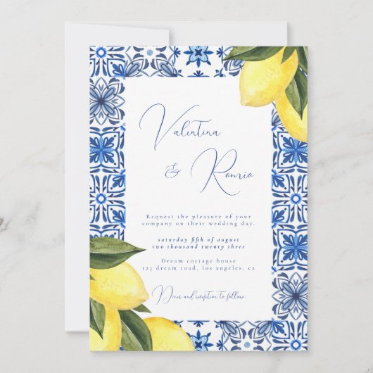 Invitation Mariage photo Blue Mediterranean Tile et agrumes (Devant)