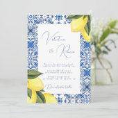 Invitation Mariage photo Blue Mediterranean Tile et agrumes (Debout devant)