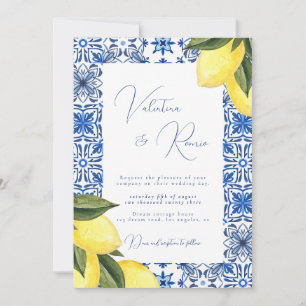 Invitation Mariage photo Blue Mediterranean Tile et agrumes