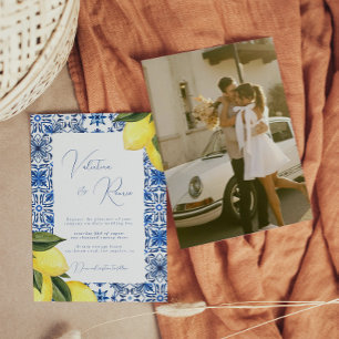 Invitation Mariage photo Blue Mediterranean Tile et agrumes