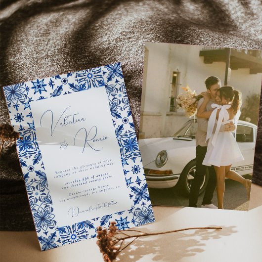 Invitation Mariage photo Blue Mediterranean Tile et agrumes