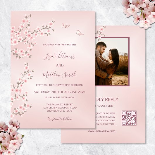 Invitation Mariage photo Blush Pink Cherry Blossom