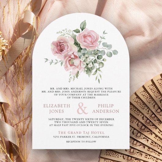 Invitation Mariage photo Blush Pink Floral Eucalyptus QR Code