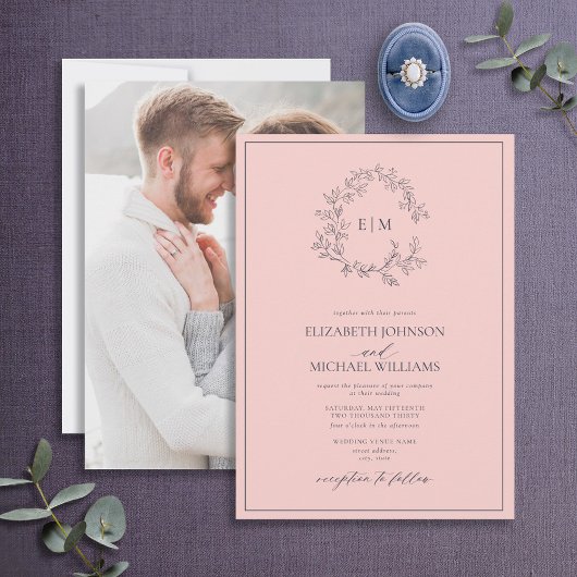 Invitation Mariage photo Blush Pink Navy Blue Monogram