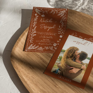Invitation Mariage Photo Bohème Floral Terracotta Orange Brûl