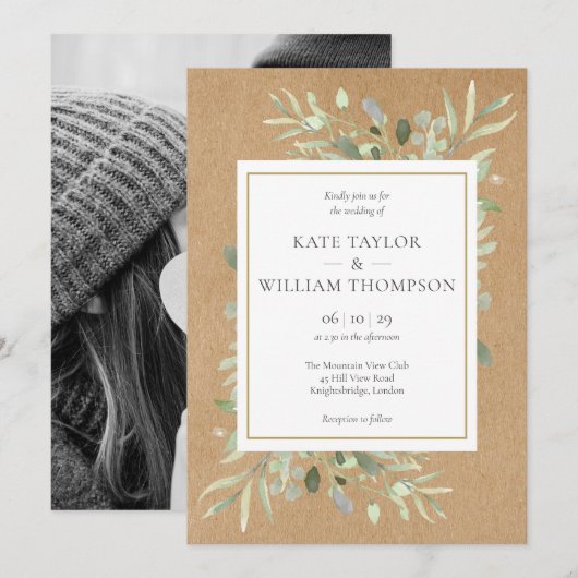 Invitation Mariage Photo Bohème Rustique avec Verdure (Devant / Derrière)