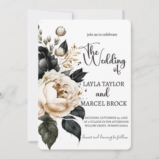 Invitation Mariage photo Bohemian Black and Gold Floral (Devant)