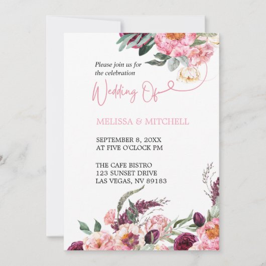 Invitation Mariage Photo Boho Blush Pink Burgundy Peony Roses (Devant)