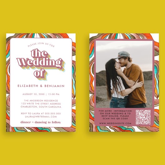 Invitation Mariage Photo Boho Groovy Rétro Code QR Rose Ondul