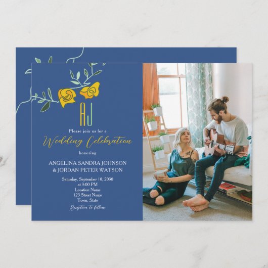 Invitation Mariage photo Bold Yellow Navy Blue Monogram (Devant / Derrière)