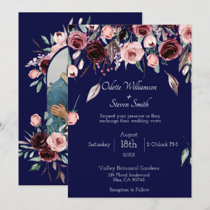 Invitation Mariage photo botanique bleu marine et burgundy