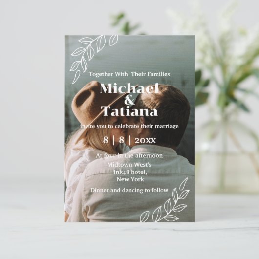 Invitation mariage photo botanique en écriture moderne élégan (Debout devant)