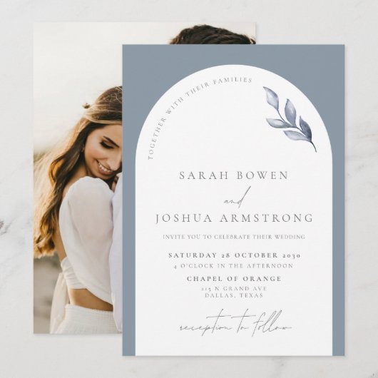 Invitation Mariage photo botanique moderne Dusty Blue Arch (Devant / Derrière)