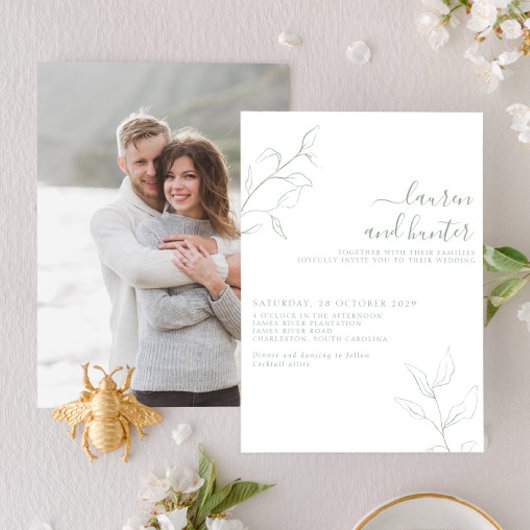 Invitation Mariage photo botanique moderne Sage Green Script
