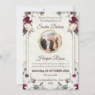 Invitation Mariage photo burgundy et or floral sombre et luna