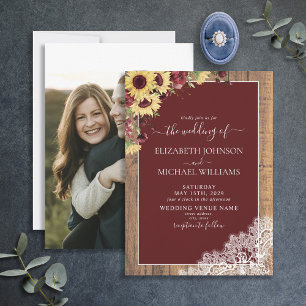 Invitation Mariage photo Burgundy Sunflower Wood Script