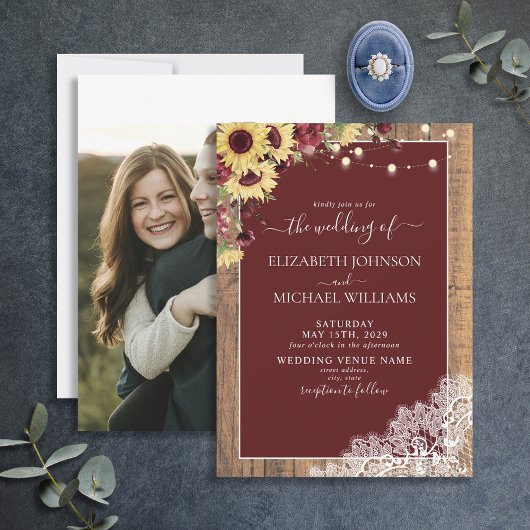 Invitation Mariage photo Burgundy Sunflower Wood Script