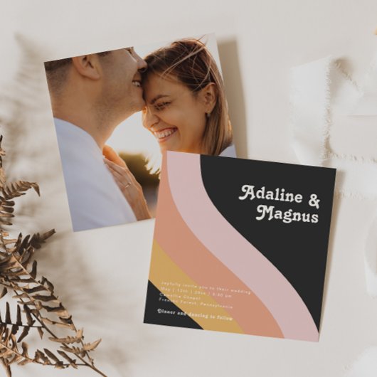 Invitation Mariage photo carré sombre arc-en-ciel rétro moder