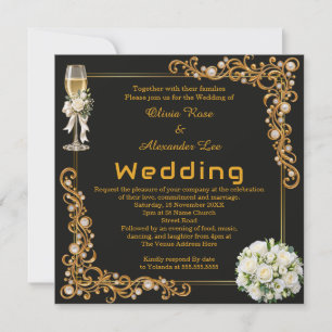 Invitation Mariage Photo Champagne Perle Or Noir