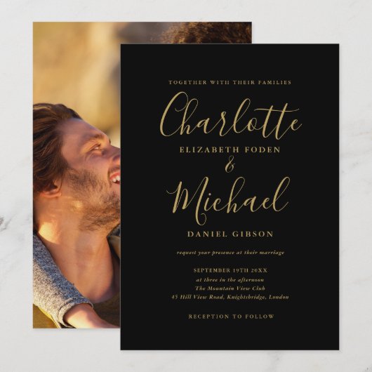 Invitation Mariage photo Chic Black And Gold Signature Script (Devant / Derrière)