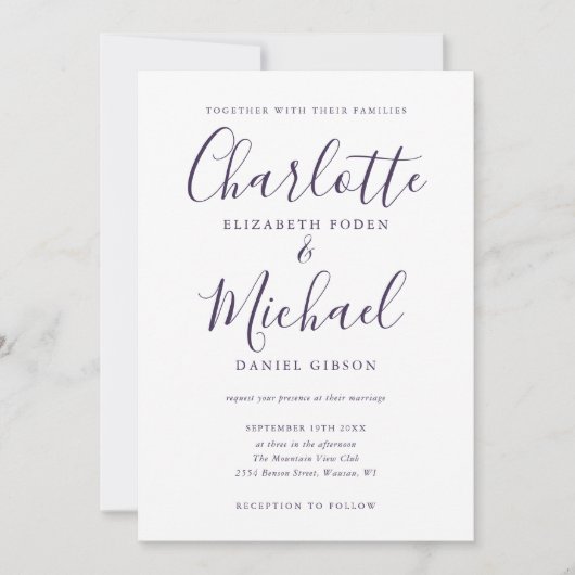 Invitation Mariage photo chic élégant violet script (Devant)