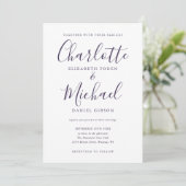 Invitation Mariage photo chic élégant violet script (Debout devant)