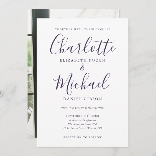 Invitation Mariage photo chic élégant violet script (Devant / Derrière)
