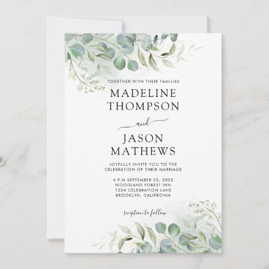 Invitation Mariage photo chic Eucalyptus Gold Green (Devant)