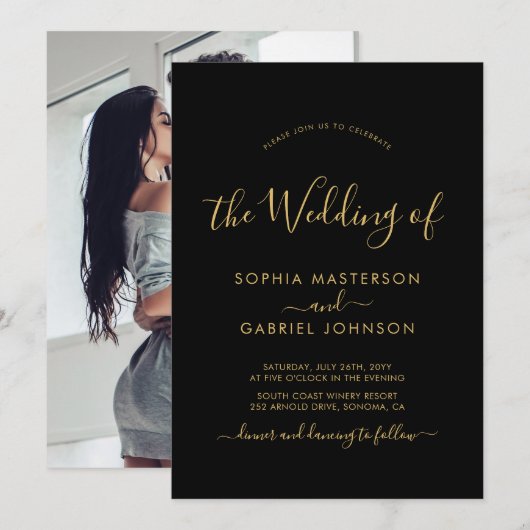 Invitation Mariage photo chic moderne noir et or Script (Devant / Derrière)