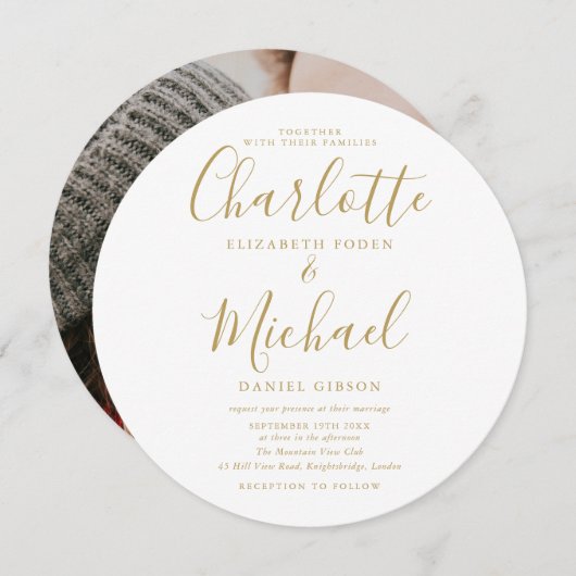 Invitation Mariage photo circulaire de script Gold Signature (Devant / Derrière)