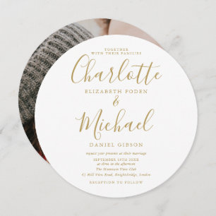 Invitation Mariage photo circulaire de script Gold Signature