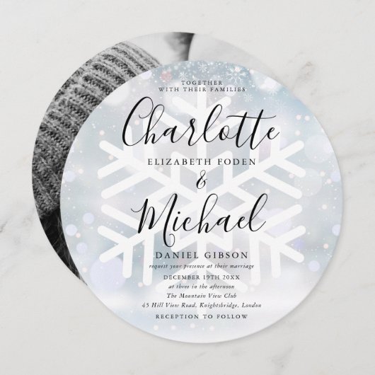 Invitation Mariage photo circulaire des flocons d'hiver (Devant / Derrière)