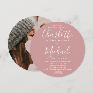 Invitation Mariage Photo Circulaire Élégant Écriture Rose Pâl