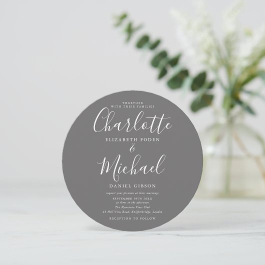 Invitation Mariage photo circulaire en gris signature (Debout devant)