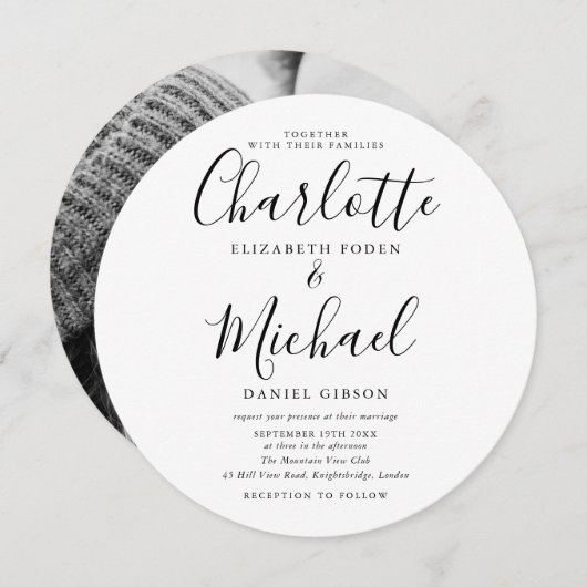 Invitation Mariage photo circulaire en noir et blanc (Devant / Derrière)