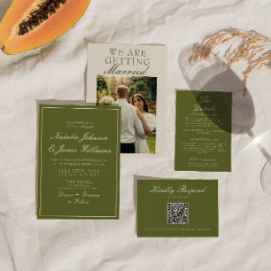 Invitation Mariage Photo Classe en Vieux Argent Olive Verte